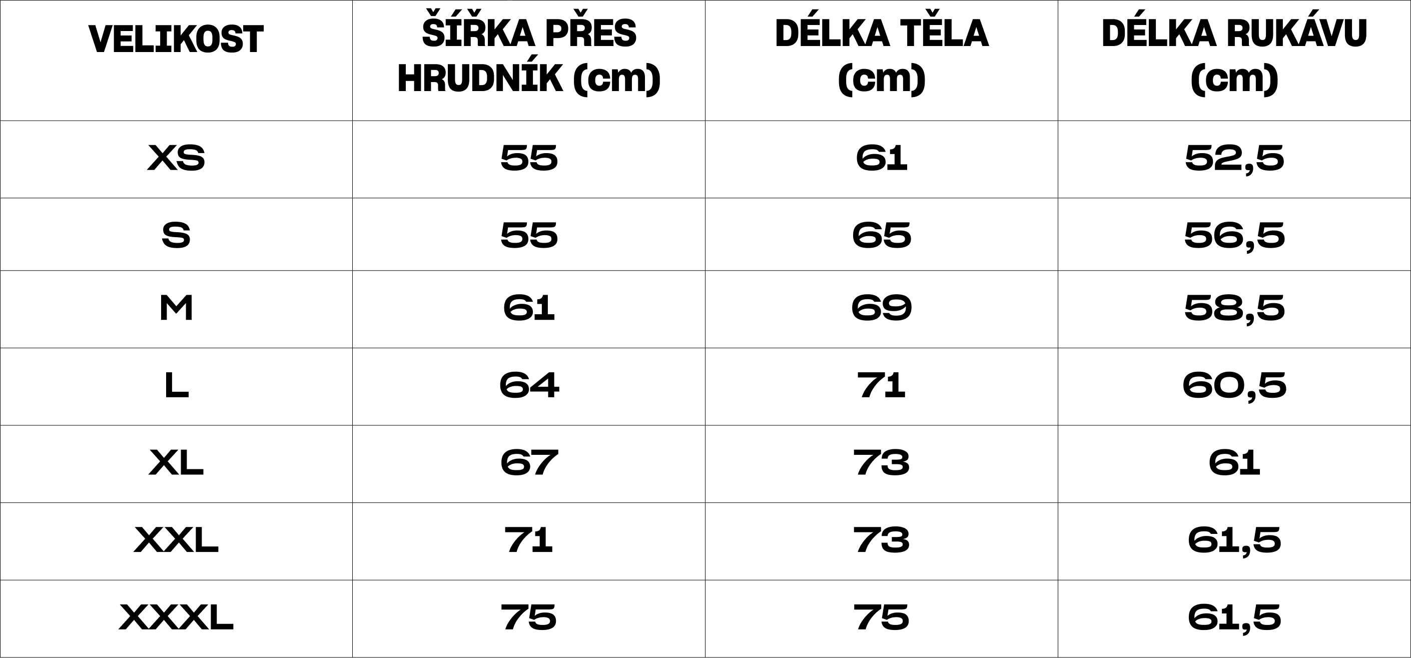 Tabulka velikosti mikina Chaser